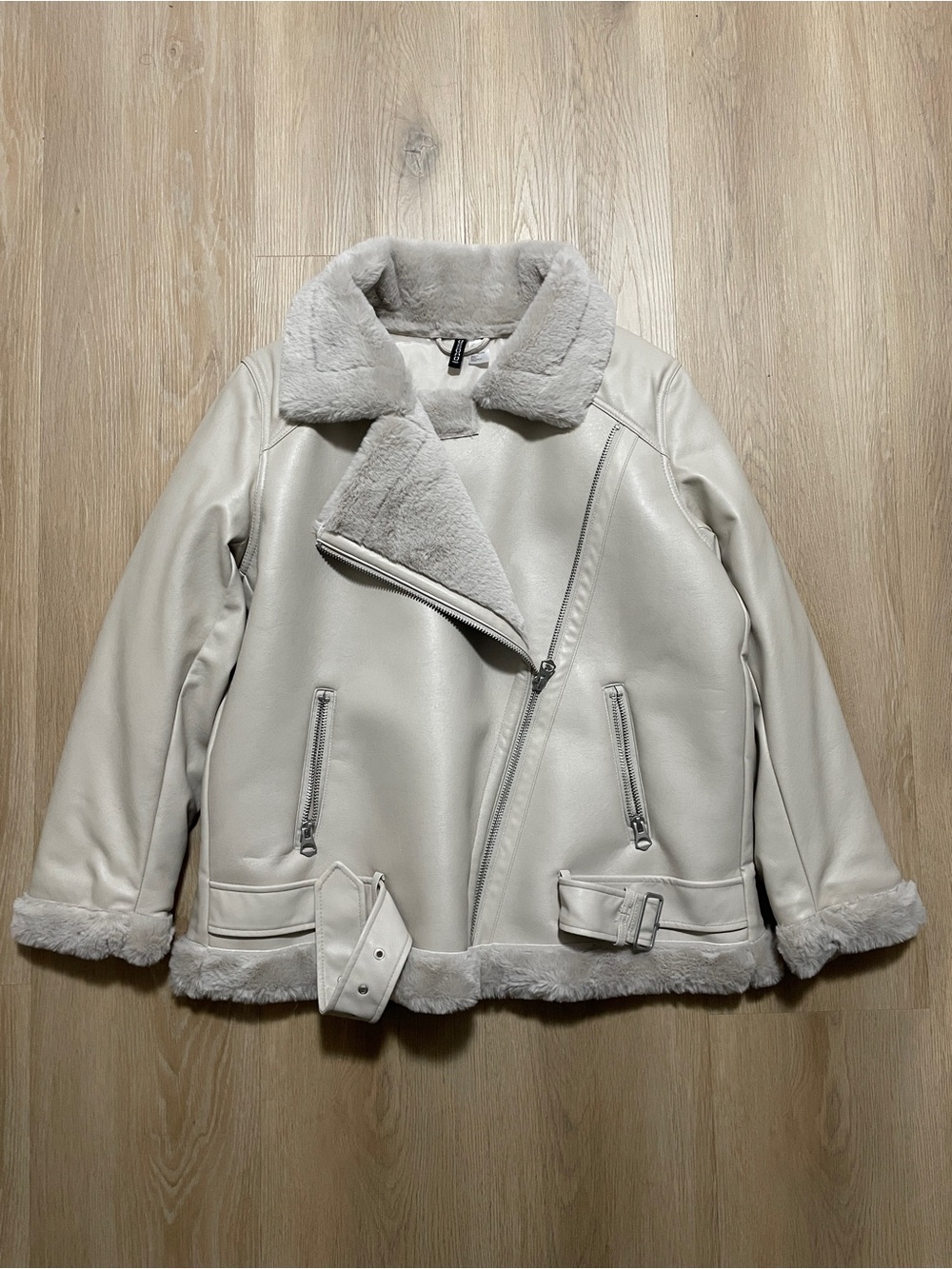 DIVIDED By H&M Cream Faux Suede Biker Jacket with Soft Faux Fur
Lining